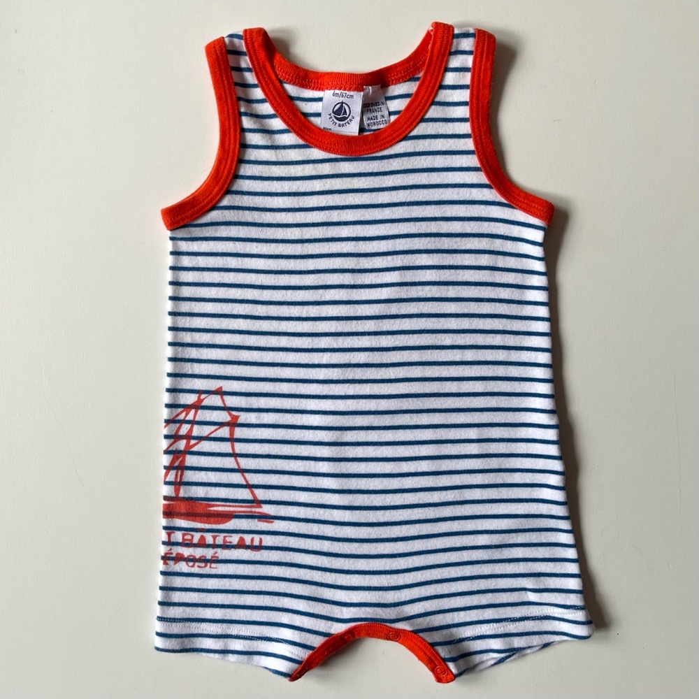 Petit Bateau Nautical Striped Sleeveless Baby Unisex Romper w/ Orange Trim - 6M